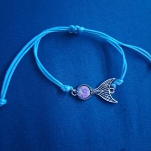 Silver Mermaid Tail Bracelet with Light Blue Cord